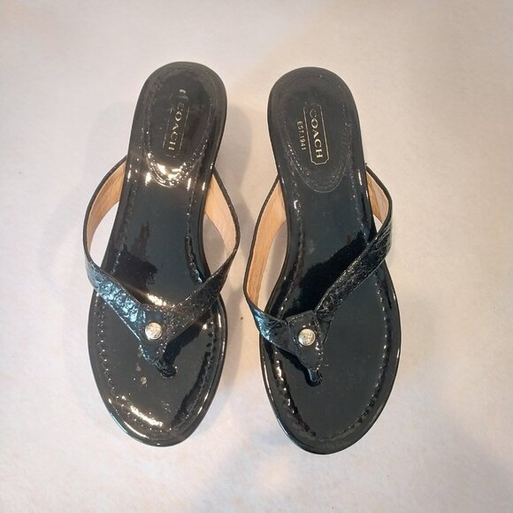Coach 6.5 Strappy Sandal Wedge Cork Black Patent Leather Jorgina Signature Thong - Picture 5 of 13